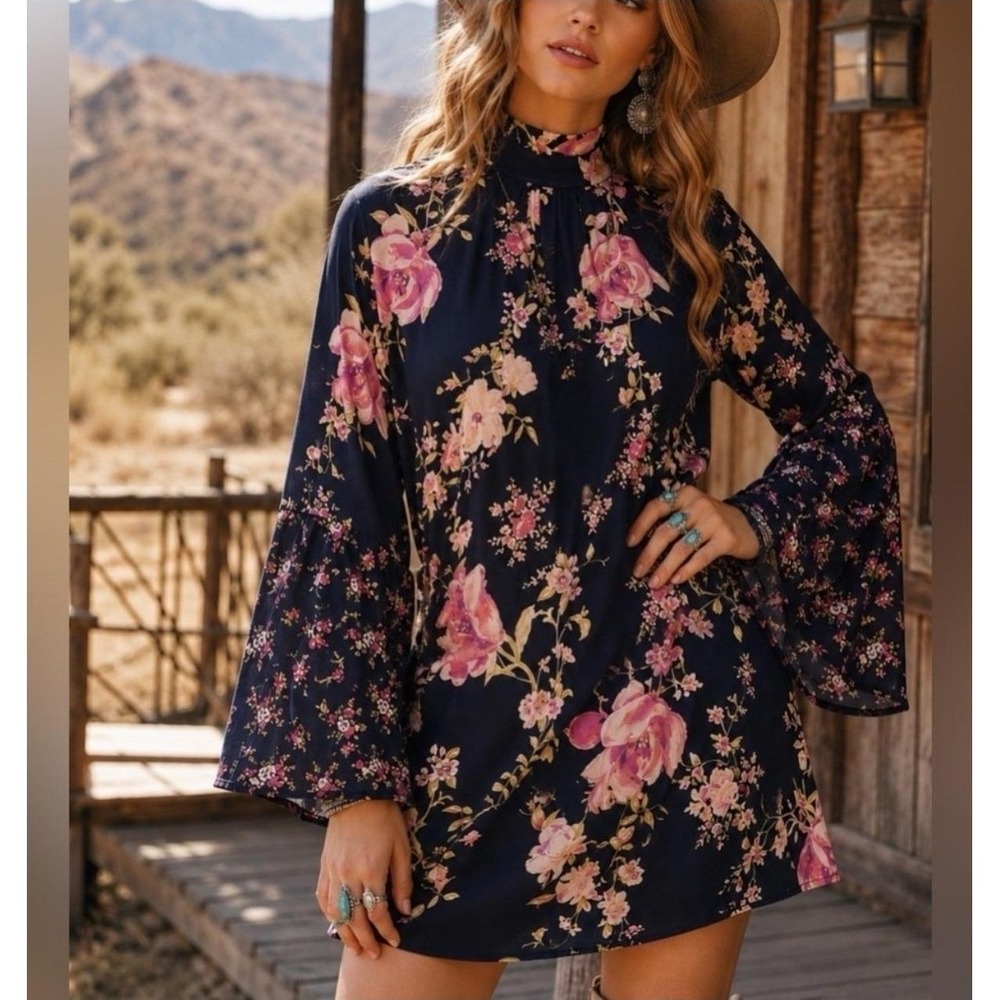 Free People Tate Tunic Mini Dress S Navy Blue Floral Open Back Whimsy Pockets